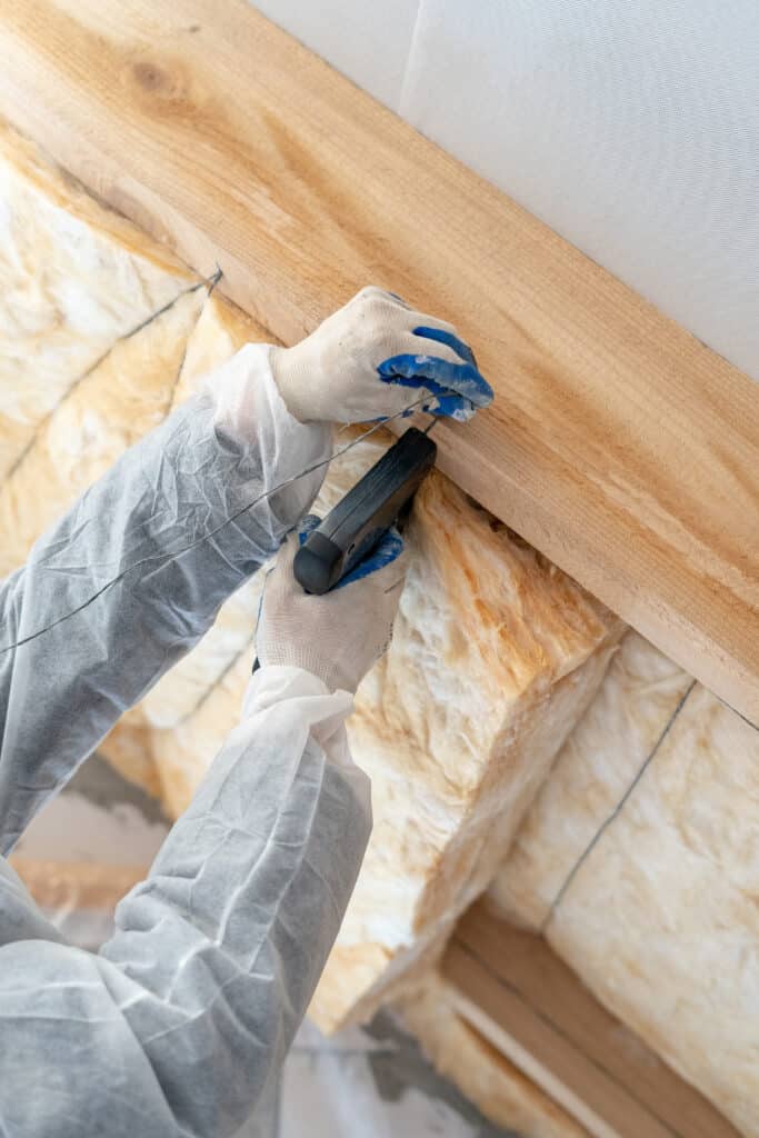 Installation d'isolation: mains en gants de protection fixant de la laine de roche avec une agrafeuse sur une poutre en bois.