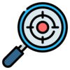 Loupe avec une cible de tir au centre, symbolisant la recherche ciblée, la précision et l'analyse stratégique d'un objectif.